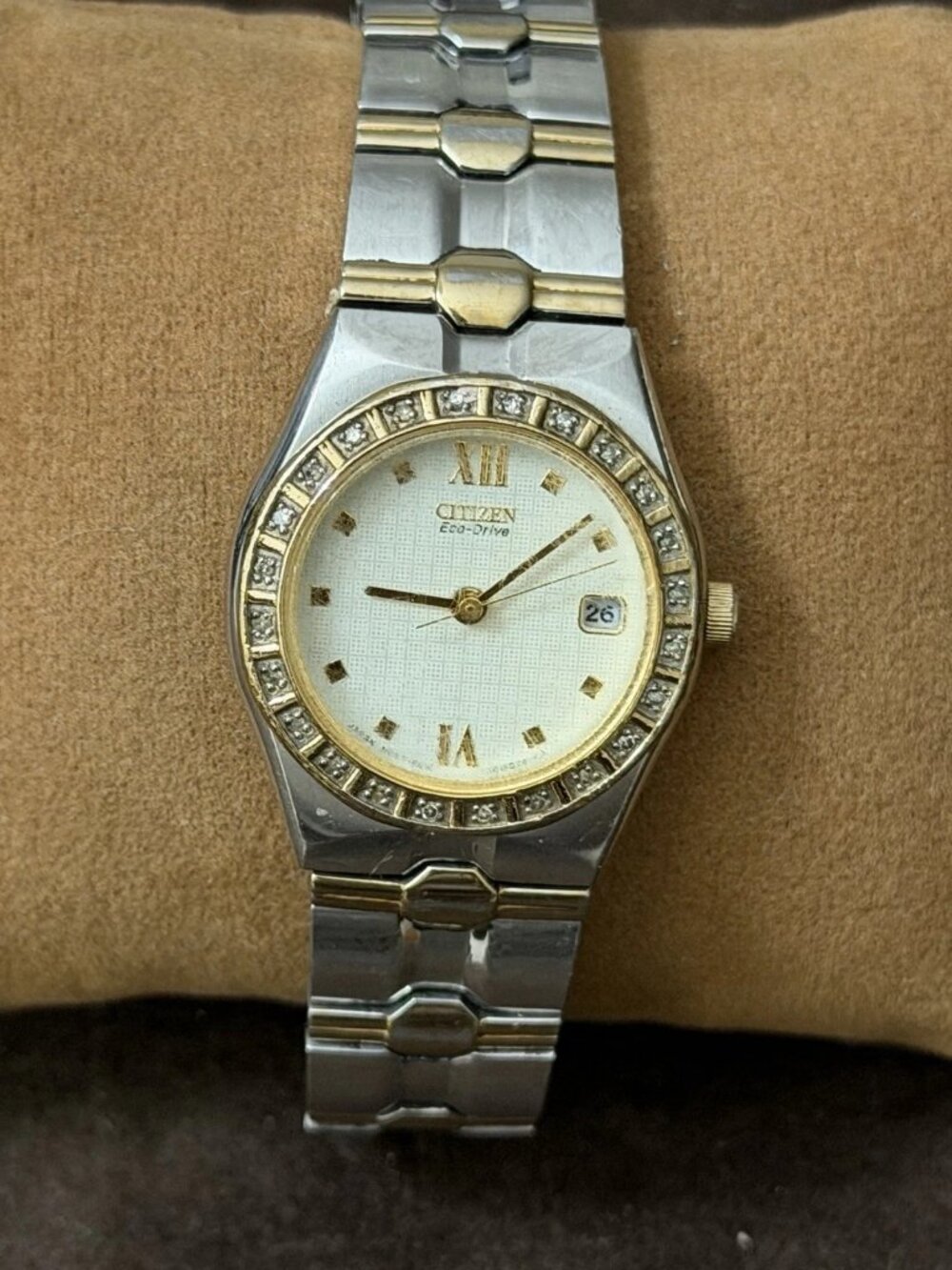Citizen Eco-Drive Two-Tone SS Bracelet Watch White Dial Date Diamond 50m